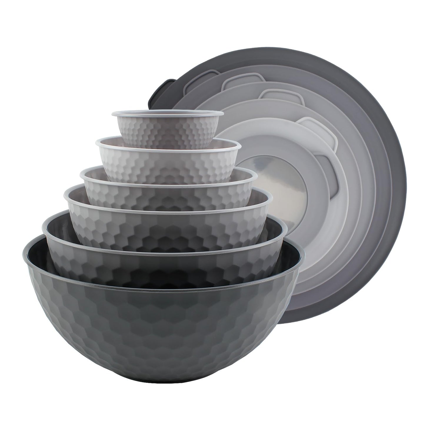 COOK WITH COLOR Mixing Bowls with Lids - 12 Piece Plastic Nesting Bowls Set includes 6 Prep Bowls and 6 Lids, Non Slip Bottom and Embossed Design - Microwave Safe (Grey)