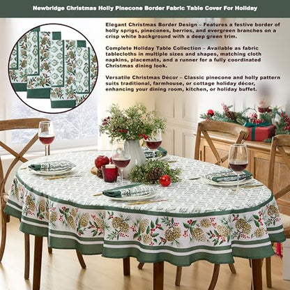 Christmas Holly Pinecone Border Fabric Tablecloth 60 x 84 Inch Oval - Holiday Green & White