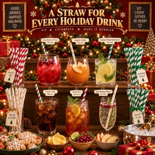 Christmas Paper Straws Set - Red, Green & Snowflake Pattern Mix, 100 Pack
