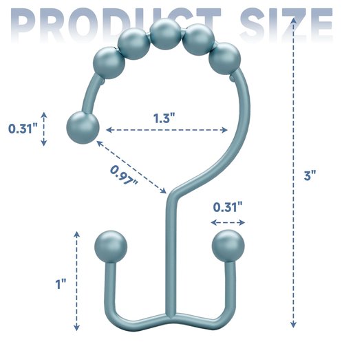 Titanker Shower Curtain Hooks Rings, Rust-Resistant Metal Double Glide Shower Hooks for Bathroom Shower Rods Curtains, Set of 12 Hooks - Lightcyan