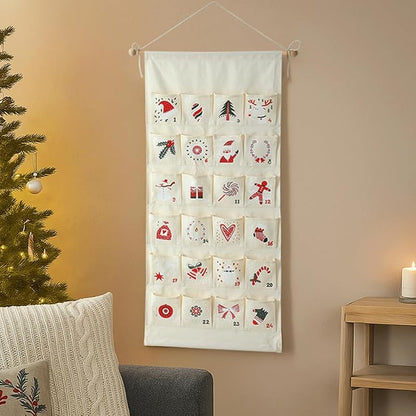 Christmas 24 Day Reusable Hanging Advent Calendar with Pockets - Fillable Holiday Decoration C