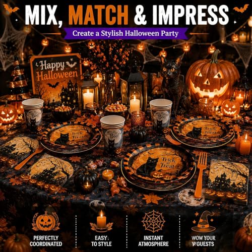 Halloween Party Supplies Set for 24 Guests - Plates, Napkins, Cups & Tablecloth