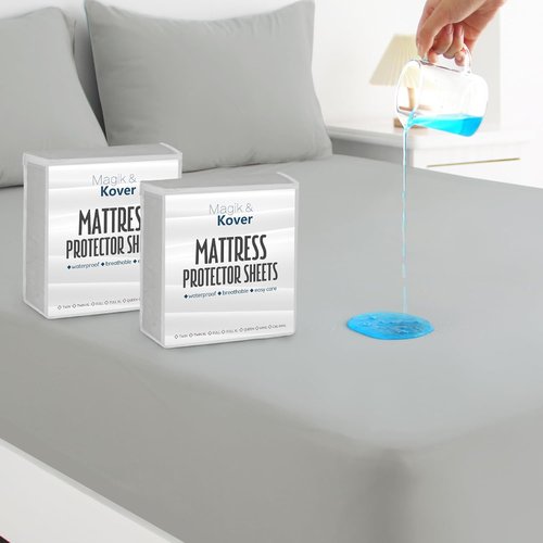 Magik & Kover Twin Mattress Protector - Waterproof Fitted Cover 2 Pack | Machine Washable, Grey