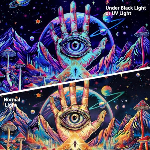 Blacklight Trippy Eye Tapestry UV Reactive Hamsa Hand Evil Eye Decor 59.1"L x 51.2"W