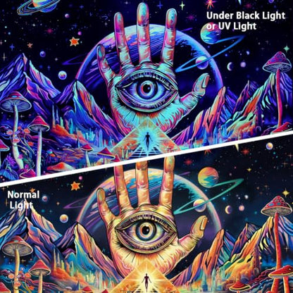 Blacklight Trippy Eye Tapestry UV Reactive Hamsa Hand Evil Eye Decor 59.1"L x 51.2"W