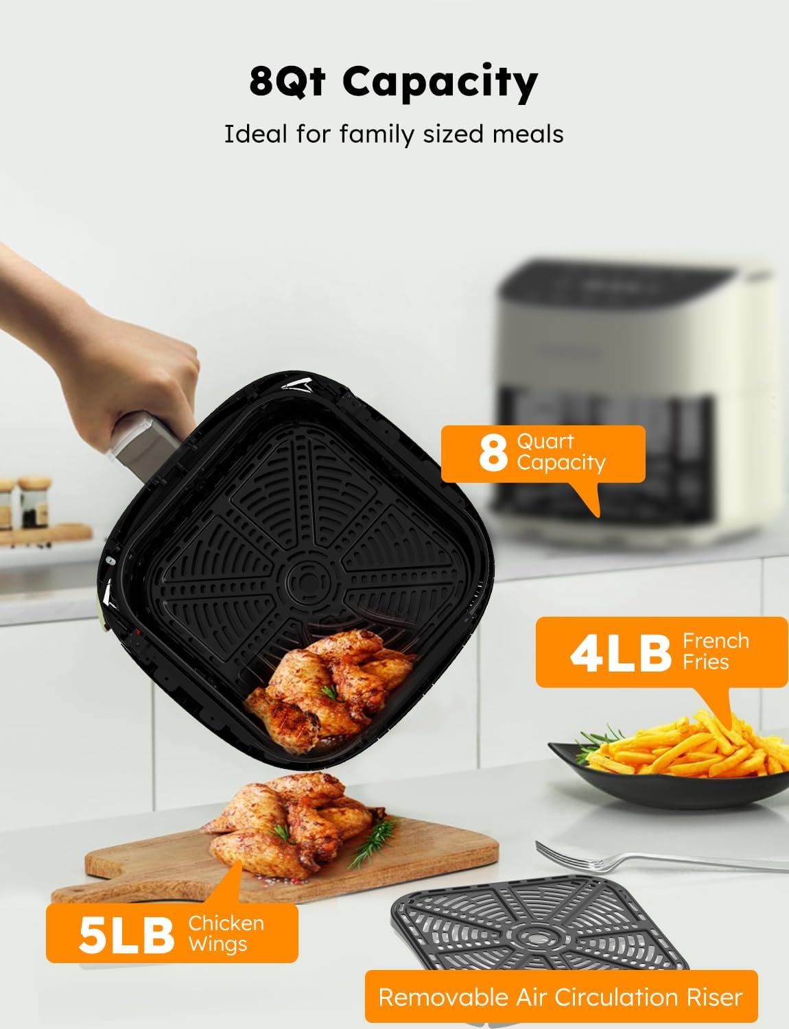Nuwave Brio Plus 8 Qt Air Fryer - PFAS Free, Digital Touch Screen, 100 Presets, Cool White Display
