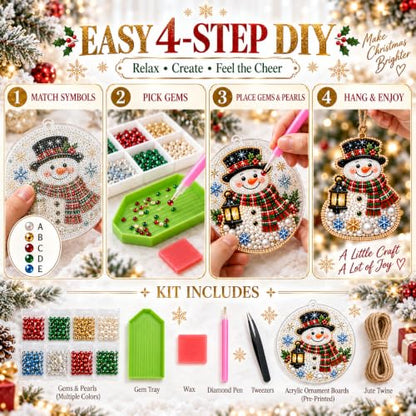 Christmas Pearl Diamond Art Kits - 10pcs Holiday Ornaments with Gems & Twine - Variation #J