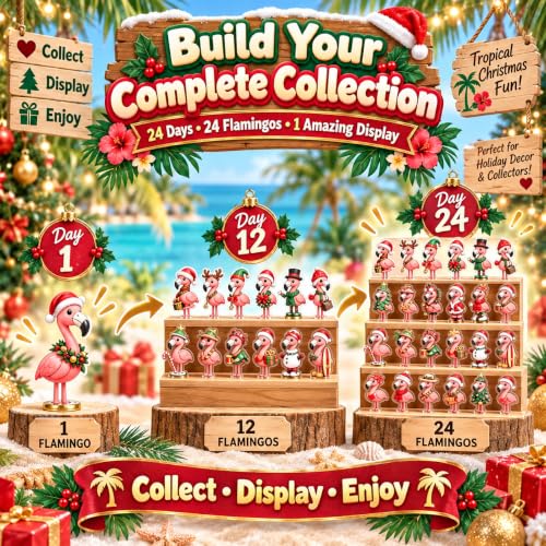 Christmas Flamingo Advent Calendar with 24 Unique 2D Acrylic Figurines - Variation of 1