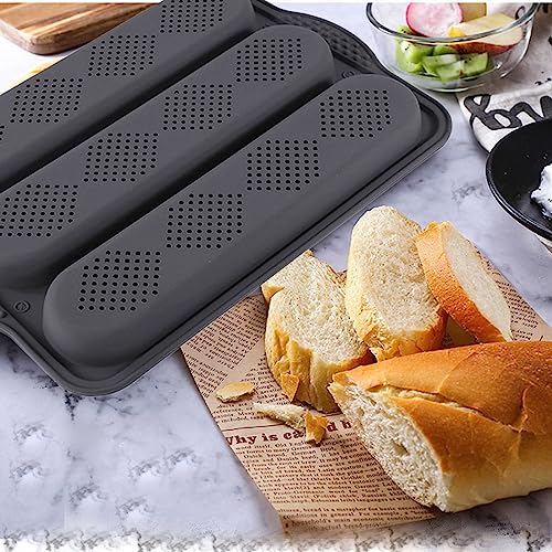 Joyeee Baguette Pans for Baking, French Bread Pans for Baking / 3 Loaf, Silicone Loaf Roll Pan Cake Baking Mold Tray, Non-Stick Baking Hot Dog Mold, Sandwich Mold Bake Tools for Oven, Grey, 34.5 CM