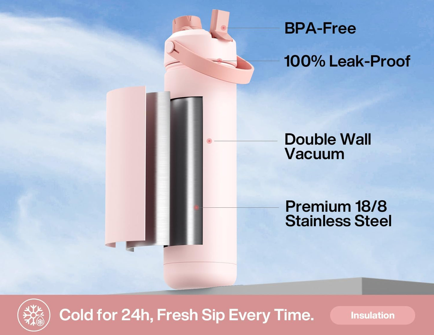 POWCAN Insulated Water Bottle - 26 oz Stainless Steel with 2-in-1 Straw & Spout Lid | Leak-Proof, Keeps Cold 24H, Fits Car Cup Holder (Rosy Bouquet)