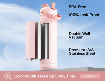 POWCAN Insulated Water Bottle - 26 oz Stainless Steel with 2-in-1 Straw & Spout Lid | Leak-Proof, Keeps Cold 24H, Fits Car Cup Holder (Rosy Bouquet)