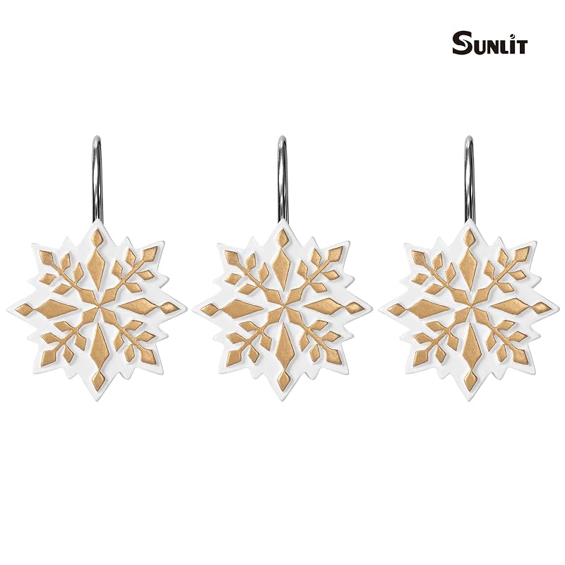 Sunlit Christmas Shower Curtain Hooks - Snowflake Resin 12 Pack, Gold/White