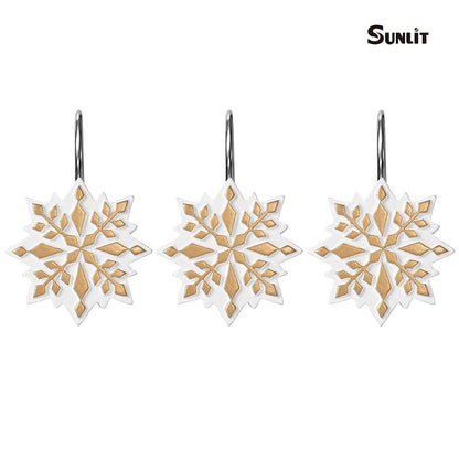 Sunlit Christmas Shower Curtain Hooks - Snowflake Resin 12 Pack, Gold/White