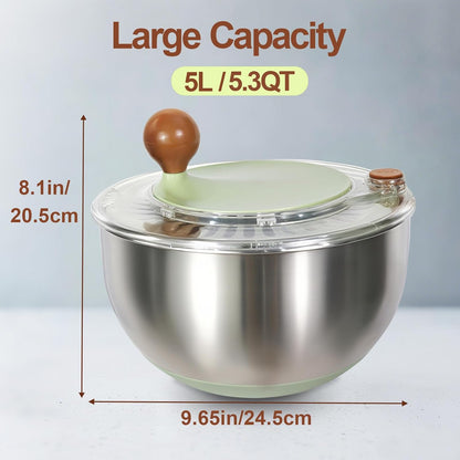 Skiennix 5.3Qt Stainless Steel Salad Spinner - Non-Slip Base, Dishwasher Safe, Easy Drain Design