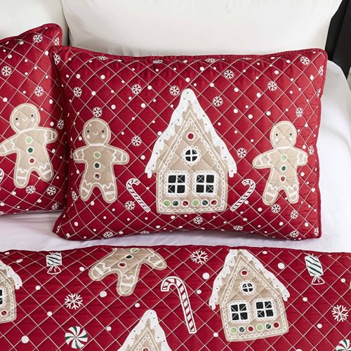 Christmas Twin Quilt Set with Pillowcase - Holiday Bedding with Gingerbread Men & Candy Design