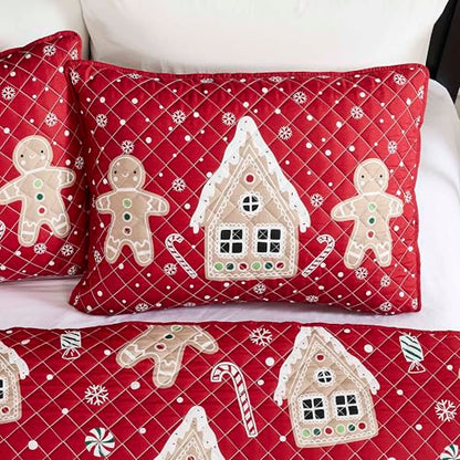 Christmas Twin Quilt Set with Pillowcase - Holiday Bedding with Gingerbread Men & Candy Design