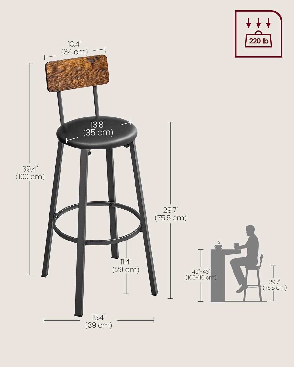 VASAGLE Bar Stools - Set of 2 PU Upholstered Breakfast Stools with Back & Footrest | Rustic Brown & Black, 29.7 Inches