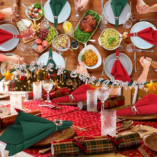 Christmas Cloth Napkins & Ring Set - Elk, Bell, Green - 16 Pieces