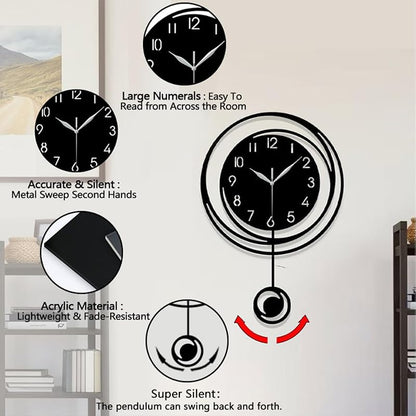 Wall Clock with Silent Quartz Movement - Modern Black & White Pendulum Design