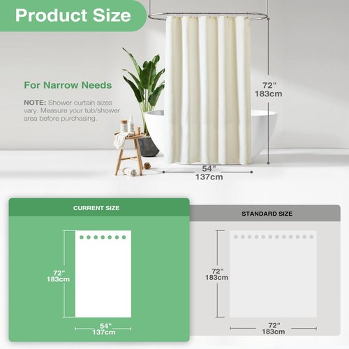 Dynamene Stall Fabric Shower Curtain - 54 inch Wide Waffle Weave Weighted Thick Cloth Shower Curtains for Bathroom, Heavy Duty Hotel Spa Luxury Bath Curtain Set with 10 Hooks, 54x72, Cream/Ivory