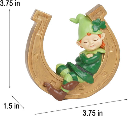 Braxio St. Patrick's Day Decorations | Resin Gnome Collectible Figurines - Green Gnome & Gold Horseshoe Centerpieces (3.75" x 1.5" x 3.75")