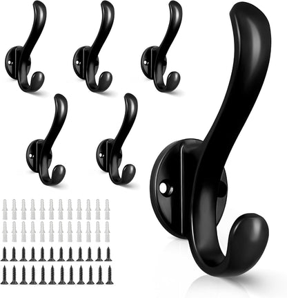 Regine Switzerland 6-Pack Heavy Duty Wall Mount Coat Hooks - Retro Double Hooks for Coats, Hats, Towels & More (Black)
