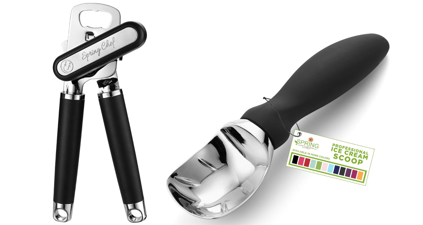 Spring Chef Stainless Steel Can Opener with Smooth Edge & Heavy Duty Professional Ice Cream Scoop - 2 Product Bundle - Black