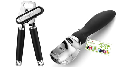 Spring Chef Stainless Steel Can Opener with Smooth Edge & Heavy Duty Professional Ice Cream Scoop - 2 Product Bundle - Black
