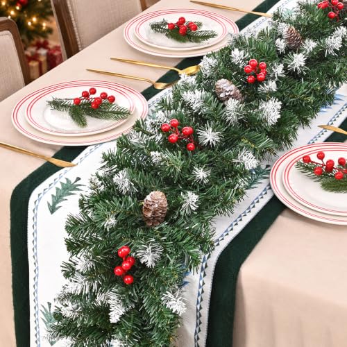 9FT Pre-Lit Christmas Garland with Lights, Realistic Greenery & Red Berries - 1 Pcs