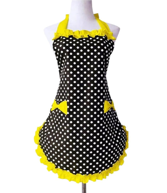 Violet Mist Lovely Retro Cute Aprons for Women with Pocket Yellow Polka Dot Vintage Aprons for Girls Ruffle Frilly Apron Ladies Christma Apron Kawaii Cotton 50s Maid Kitchen Aprons for Cooking Baking