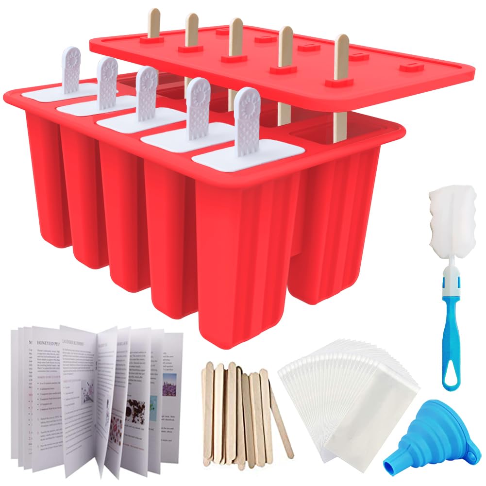 Homemade Popsicle Molds Shapes, 10PCS Silicone Ice Pop Maker Non-BPA, with 50 Sticks, 50 Bags, 10 Reusable Sticks, Funnel, Brush and Ice Pop Recipes