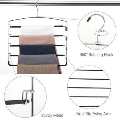 FeeraHozer Pants Hangers - Non-Slip Multi-Layer Swing Arm Design | 3 Pack Stainless Steel Closet Organizer (Black)