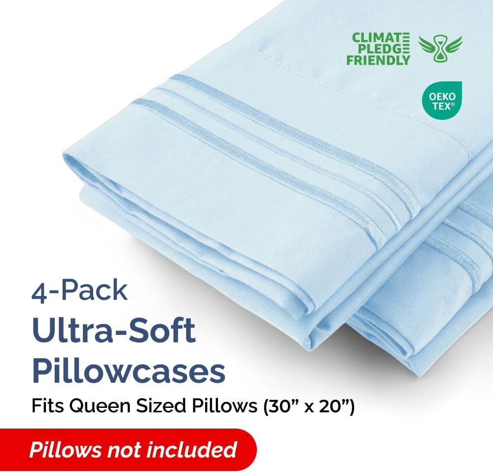 Skiennix Queen Pillow Cases Set of 4 | Ultra Soft Hotel Quality & Wrinkle-Free - Sky Blue