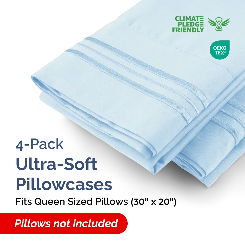 Queen Pillow Cases Set of 4 - Ultra Soft Hotel Quality Pillowcase Covers - Comfy, Cozy & Wrinkle Free - Shrinkage, Stain & Fade Resistant - Machine Washable Pillow Protectors - 4 Piece Set - Sky Blue