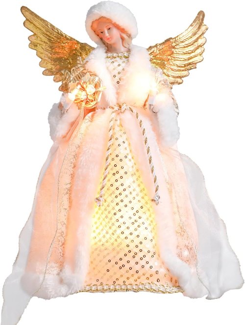 Bdor 14-Inch Christmas Tree Topper Angel - Lighted Golden Wings & Elegant White Gold Design for Holiday Décor