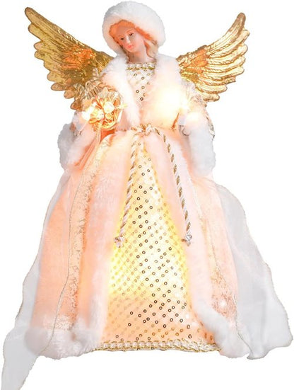 Bdor 14-Inch Christmas Tree Topper Angel - Lighted Golden Wings & Elegant White Gold Design for Holiday Décor