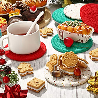 Christmas Coasters Set of 8 Handmade Cotton Woven Cup Pads - 4.3 Inches