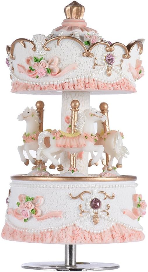 Skiennix Carousel Music Box - 3-Horse Rotating Windup with LED Lights | Pink Musical Gift for Girls