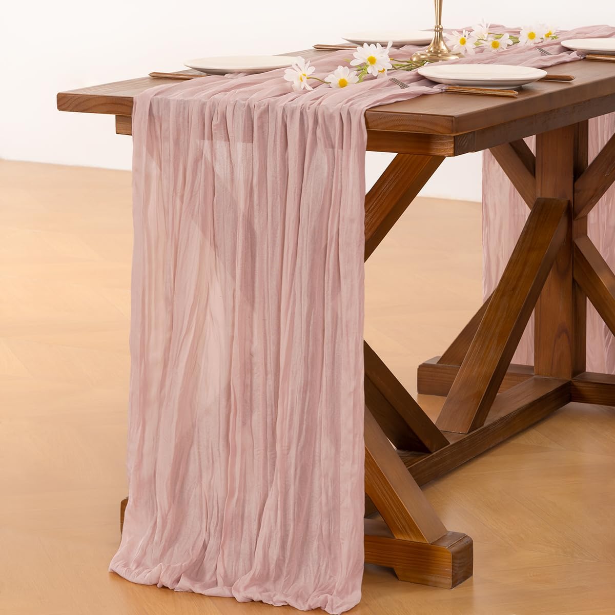 Socomi 6-Piece Pink Cheesecloth Table Runner - Rustic Boho 120-Inch for Weddings & Events