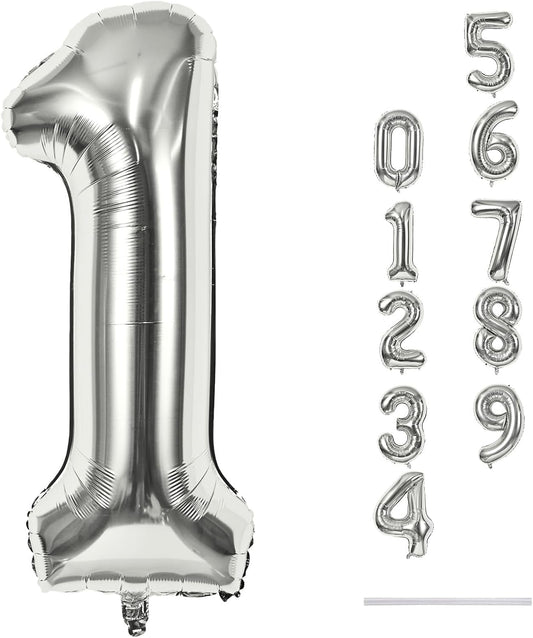 Silver 40-Inch Giant Helium Foil Number Balloon | Self-Inflating 0-9 for Birthdays & Anniversaries