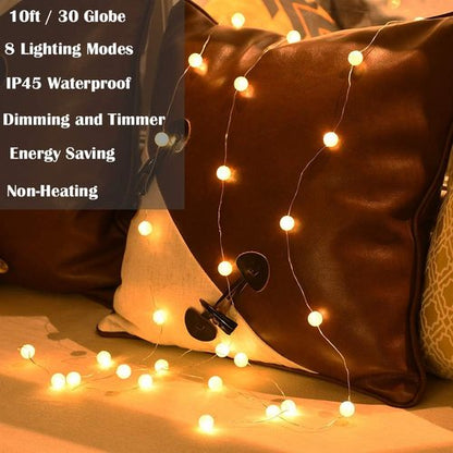 Grandhome Globe String Lights - 10ft 30 LED Crystal Ball Fairy Lights | Waterproof & Remote Control, Warm White