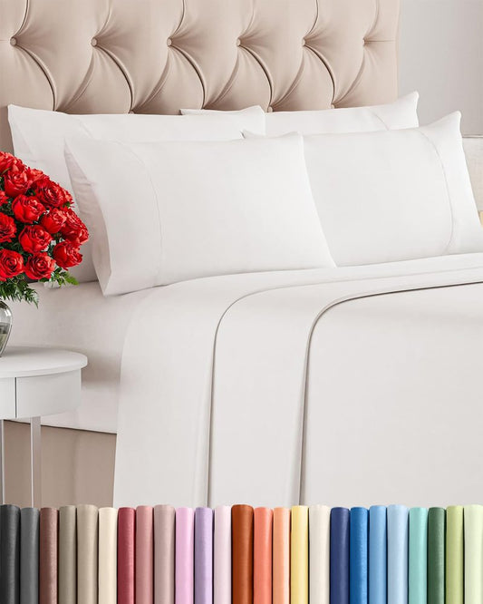 Queen 6 Piece Sheet Set - Comfy Breathable & Cooling - Soft Hotel Luxury Bedding Set with 8-16 Inch Deep Pockets - 1 Flat & 1 Fitted Sheet & 4 Pillowcases - Wrinkle Free & Easy Care - Antique White