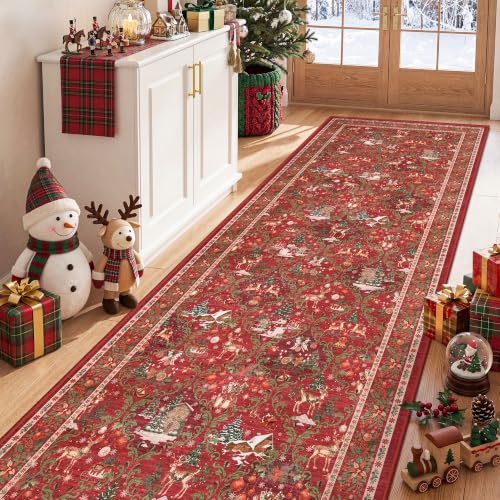 3x8 Red Christmas Runner Rug for Hallway & Kitchen Washable Non-Slip