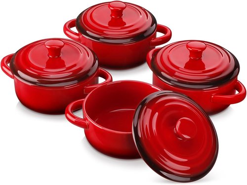 LOVECASA Mini Cocotte Set - 12 OZ Casserole Dishes with Lids | Oven & Microwave Safe, Set of 4 - Red