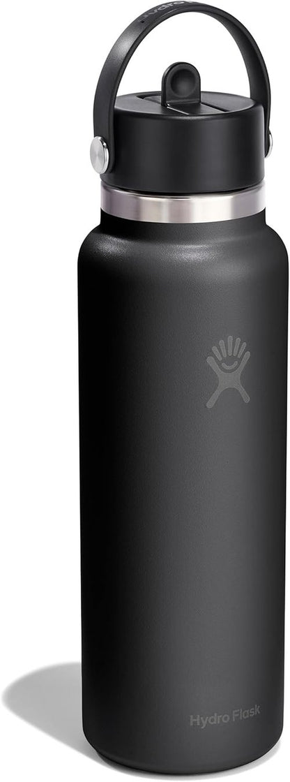Hydro Flask Water Bottle - Insulated Stainless Steel - Leakproof Wide Straw Lid | 40 Oz Tonal Black