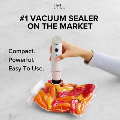 Chef Preserve Compact Vacuum Sealer - Powerful Handheld Food Sealer with 20 Reusable Bags | Meal Saver
