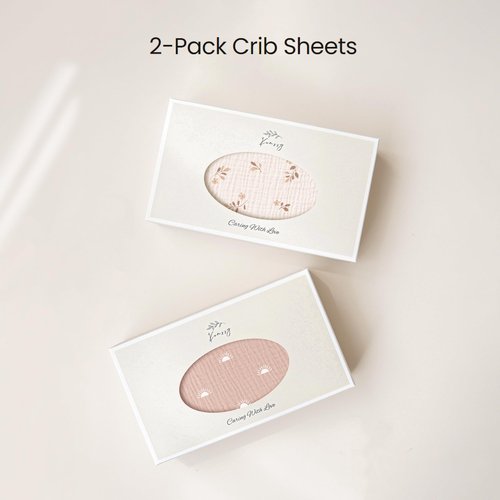 Konssy Muslin Crib Sheets for Girl Boy, 2 PCS Soft and Breathable Cotton Baby Sheets for Standard Crib Mattress, 52"x 28" (Pink Sun,Khaki Leaf)
