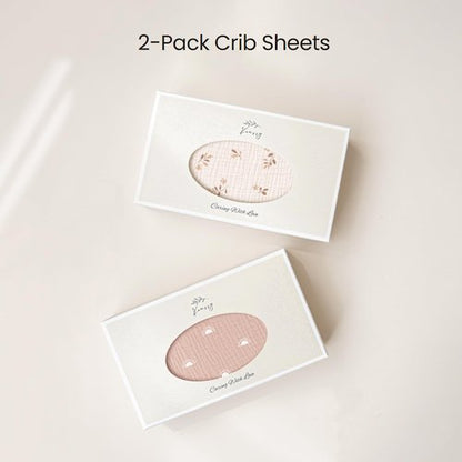 Konssy Muslin Crib Sheets for Girl Boy, 2 PCS Soft and Breathable Cotton Baby Sheets for Standard Crib Mattress, 52"x 28" (Pink Sun,Khaki Leaf)