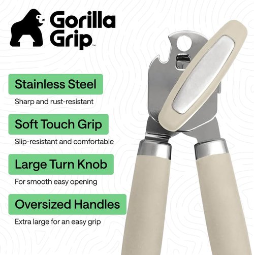 GORILLA GRIP Heavy Duty Can Opener - Smooth Edge Design with Comfortable Handle | Oversized Knob, Almond
