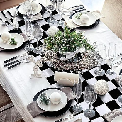 Preboun 3 Pcs Black White Checkered Plastic Table Runner 14x108 Inches - Racing Theme Party Supplies